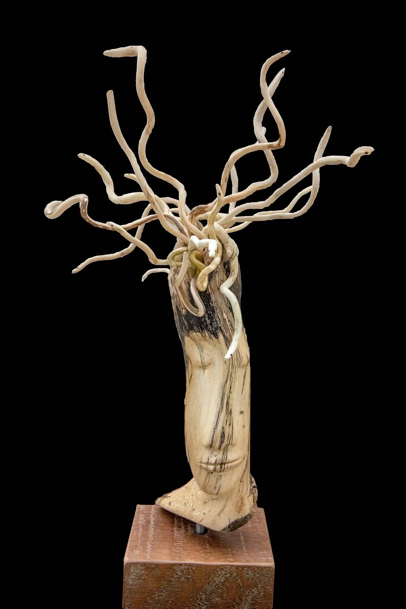 A wooden sculpture of a tree with a face in trunk